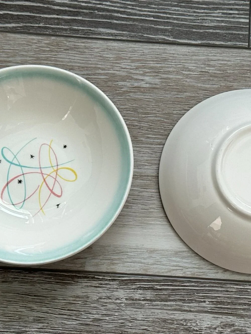 Vintage Atomic Starburst MCM Bowls w Turquoise Rim Snacks Cereal W.S. George (?)